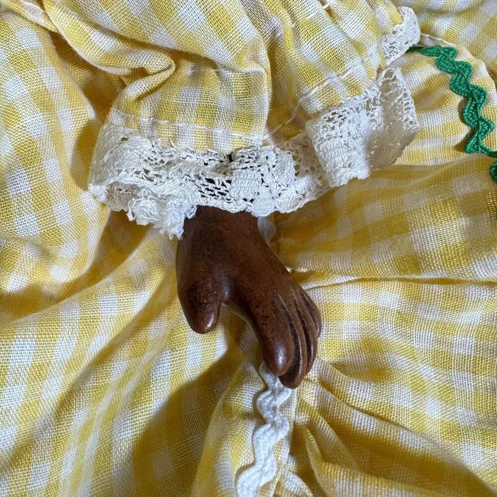 Vintage Handmade African American Doll Folk Art Decor Gingham Yellow Dress